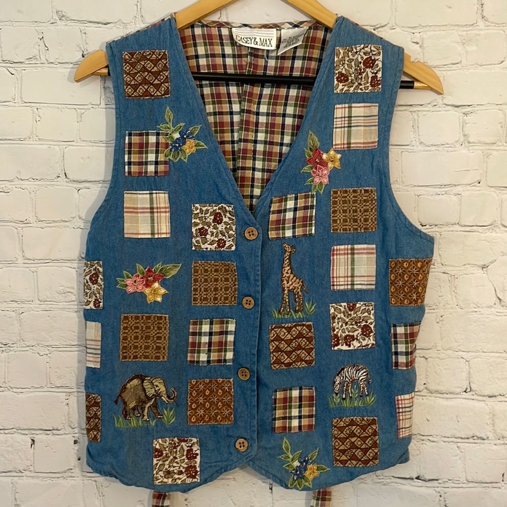 Vintage Safari Casey & Max patchwork vest with plaid at the back